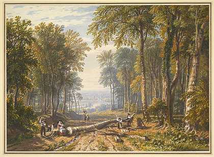 亨利公园广场的伐木工人，泰晤士河那边`Woodcutters at Park Place, Henley, the River Thames Beyond (ca. 1826) by William Havell