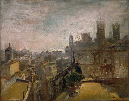 从Riera de Sant Joan的屋顶俯瞰巴塞罗那`View of Barcelona from a Rooftop in Riera de Sant Joan (1889) by Ramon Martí i Alsina