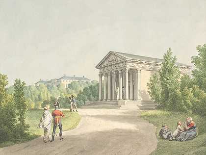 来自城堡和阿皮森普勒的弗雷德里克斯堡花园的招股说明书`Prospekt fra Frederiksberg have ved slottet og Apistemplet (1809) by Christoffer Wilhelm Eckersberg
