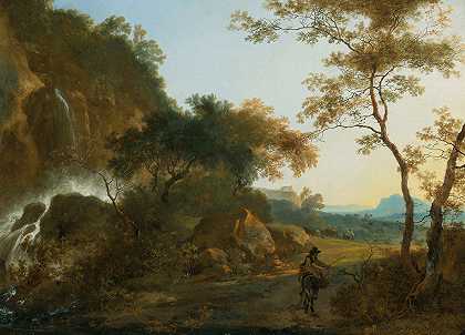 一幅意大利风景画，一位旅行者走在瀑布边的小路上`An Italianate Landscape With A Traveller On A Path By A Waterfall by Adam Pynacker