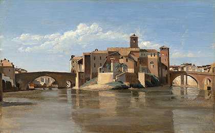 罗马圣巴托洛梅奥岛和桥`The Island and Bridge of San Bartolomeo,Rome (1825~1828) by Jean-Baptiste-Camille Corot