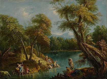 有人物和动物的森林景观`A wooded landscape with figures and animals by a lake by a lake by Antonio Diziani
