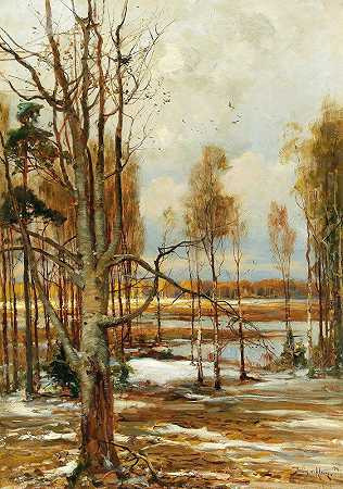一幅早春的风景画，前景是一棵山毛榉树`An early spring landscape with a beech tree in the foreground (1906) by Julius Sergius Klever
