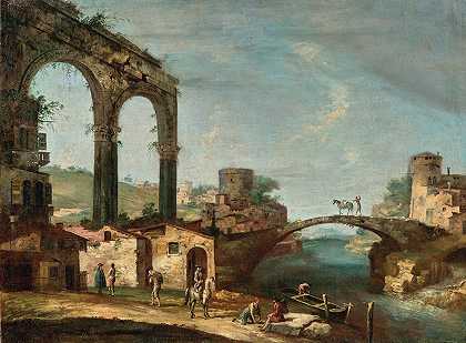 带有古典遗迹和人物的景观`Landscape with classical ruins and figures by a river, a bridge beyond by a river, a bridge beyond by Francesco Albotto