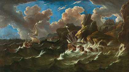 风暴中的大海`A sea at storm with ships by Pieter Mulier the Elder