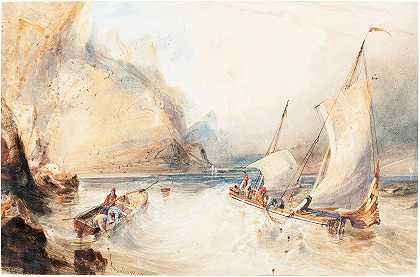 岩石海岸附近的渔船`Fishing Boats off a Rocky Coast (1833) by William Callow