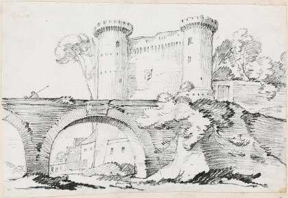 一座石桥和通往城镇的设防入口`A Stone Bridge and the Fortified Entrance to a Town (1744~1750) by Joseph-Marie Vien
