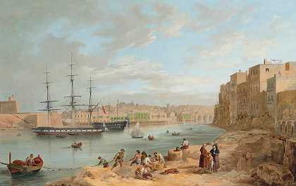 H.M.S.冠军号停泊在马耳他瓦莱塔圣安杰洛堡附近`H.M.S. Champion Moored Off Fort St Angelo, Valetta, Malta by Joseph Cartwright