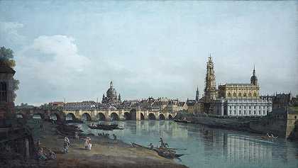 从易北河右岸奥古斯特桥下看德累斯顿`Dresden seen from the Right Bank of the Elbe, beneath the Augusts Bridge (1748) by Bernardo Bellotto