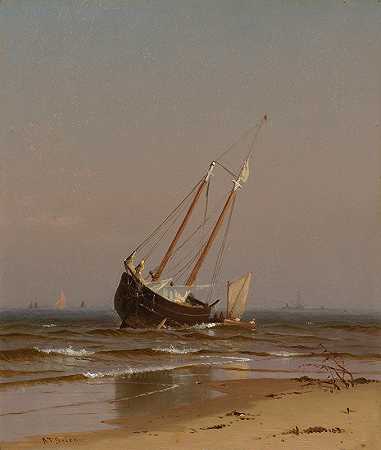 海景，搁浅的船（索尔兹伯里海滩上岸）`Seascape, Beached Boat (Ashore on Salisbury Beach) (1872) by Alfred Thompson Bricher