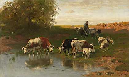 牛和牧羊人在福特`Vieh mit Hirte an der Furt (1890) by Christian Friedrich Mali