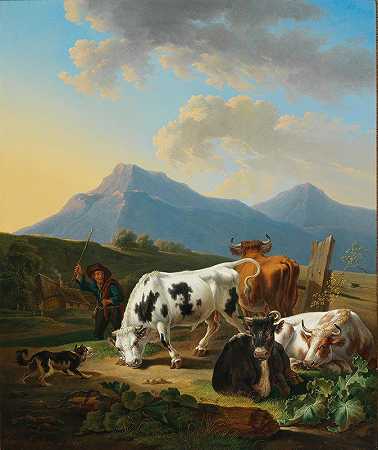 养公牛和奶牛的农民`Bauer mit Stier und Kühen (1836) by Johann Baptist Dallinger von Dalling