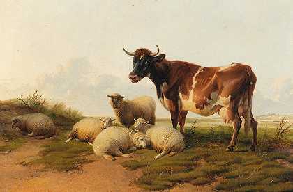 草地上的牛羊`Sheep And Cows In The Meadow (1876) by Thomas Sidney Cooper