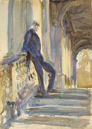 奈维尔·威尔金森爵士站在威尔顿大厦帕拉第安桥的台阶上`Sir Neville Wilkinson On The Steps Of The Palladian Bridge At Wilton House (1904~1905) by John Singer Sargent