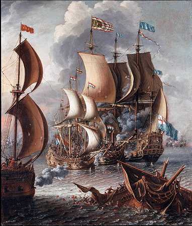 与芭芭丽海盗的海战`A Sea Fight with Barbary Corsairs by Laureys a Castro
