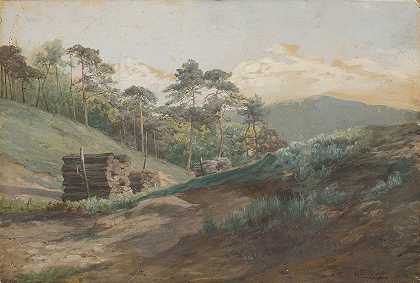 原木森林山谷`Forest Valley with Wood Logs (1894–1895) by Ľudovít Čordák