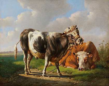吹牛者（小牛和说谎的牛）`Der Angeber (Junger Stier und liegende Kuh) (1872) by Albertus Verhoesen