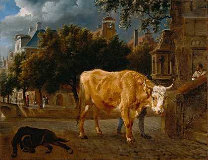 城市街道上的公牛`Bull in a City Street (ca. 1670) by Jan van der Heyden