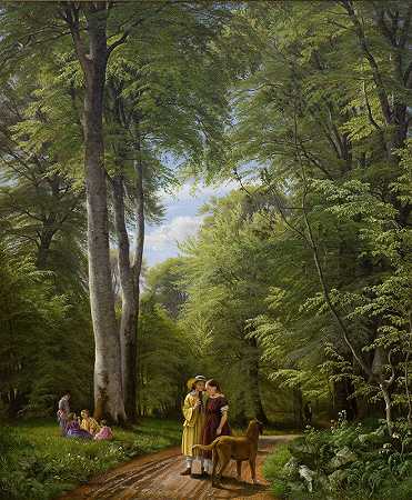 五月，新西兰伊斯林根庄园附近的一片山毛榉树林`A Beech Wood in May near Iselingen Manor, Zealand by P. C. Skovgaard