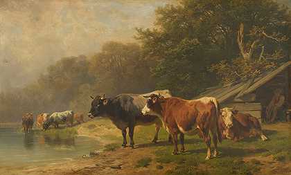 湖边的牛`Rinder am Seeufer (1882) by Friedrich Voltz