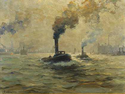 汉堡港的两艘蒸汽拖船`Zwei Dampfschlepper im Hamburger Hafen (Ca. 1920) by Paul Wolde