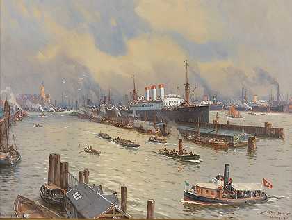 汉堡港与波罗尼奥帽还有Kehrwiederspitze`Hamburger Hafen mit der ;Cap Polonio und der Kehrwiederspitze (1929) by Willy Stöwer
