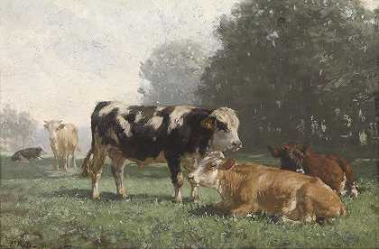 在牧场上休息的奶牛`Rastende Kühe auf der Weide by Friedrich Voltz