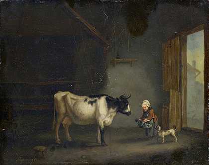 马厩里牵着奶牛的女孩`Girl with Cow in a Stable (1788) by Jacques Albert Senave