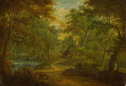 有小溪和渔夫的森林景观`A Wooded Landscape with a Stream and a Fisherman by Thomas Smith of Derby