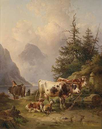 湖岸上一群带着牧羊女的牛群`Viehherde mit Hirtin am Seeufer by Edmund Mahlknecht