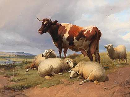 牛羊在一片广阔的草地上`Cattle and sheep in a meadow in a vast landscape by Thomas Sidney Cooper