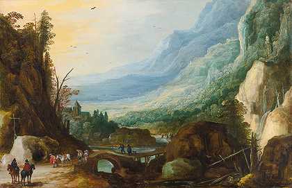 一座桥横跨河流的山地景观`Mountainous Landscape With A Bridge Across A River by Joos de Momper