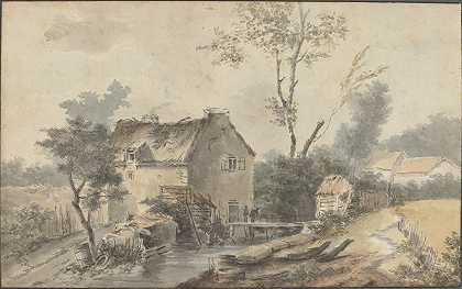 有桥牌和人物的磨坊`Mill with Bridge and Figures by Louis Gabriel Moreau