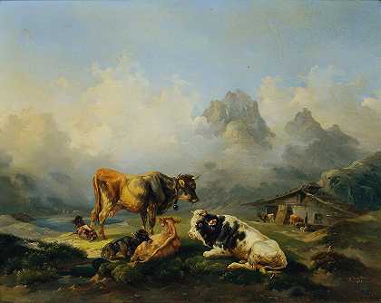 有牛的高山牧场`Alm mit Rindern (1851) by Joseph Heicke