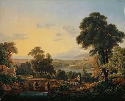 有河有桥的丘陵景观`Hilly Landscape with River and Bridge by Peter Birmann