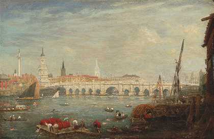 纪念碑和伦敦桥`The Monument and London Bridge by Frederick Nash