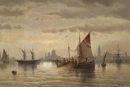 威尼斯附近的帆船`Segelschiffe Vor Venedig (1869) by Albert Rieger