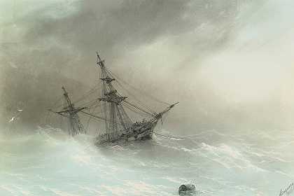 风浪中的船`Ship In A Stormy Sea (1888) by Ivan Konstantinovich Aivazovsky