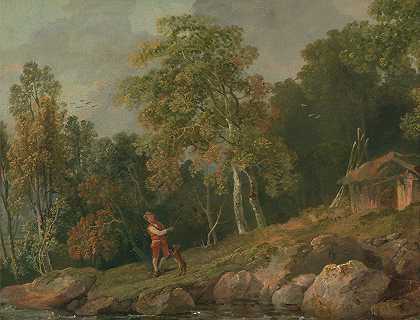 一个男孩和他的狗`Wooded Landscape with a Boy and his Dog (ca. 1770) by George Barret