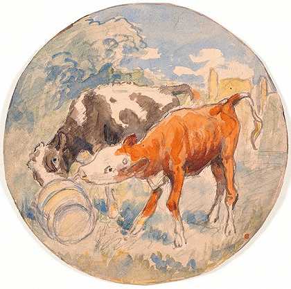 两只小牛在户外舔着翻倒的蒲公英（生陶盘）`To kalve i det fri, slikkende en væltet mælkebøtte (udkast til keramisk fad) (1890) by Theodor Philipsen