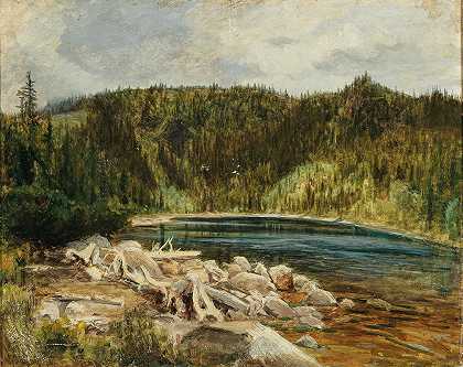 波西米亚森林湖景`A View of a Lake at the Bohemian forest by Julius Eduard Mařák
