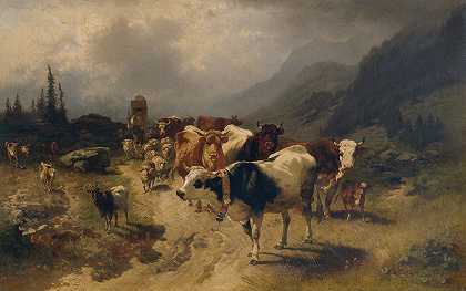 牲畜`Viehabtrieb (1870) by Conrad Bühlmayer
