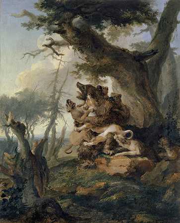 熊，攻击`Bear, Attacked by a Pack of Hounds (1772) by a Pack of Hounds by Caspar Wolf