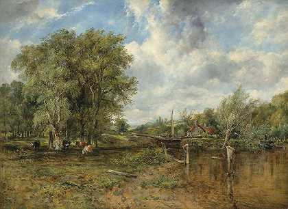 一片树木繁茂的景观，远处有一头牛和一座小屋`A wooded landscape with a cattle and cottage beyond by Frederick Waters Watts