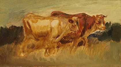 风景中的两头母牛`Two cows in landscape (1880) by Wilhelm Busch