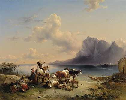 阿特西湖上的牧羊人和牛`Hirten und Vieh am Attersee (1852) by Friedrich August Matthias Gauermann