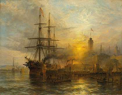 一艘丹麦轮船停泊在繁忙的码头旁`A Danish steamer moored alongside a busy dock (1874) by Henry Thomas Dawson