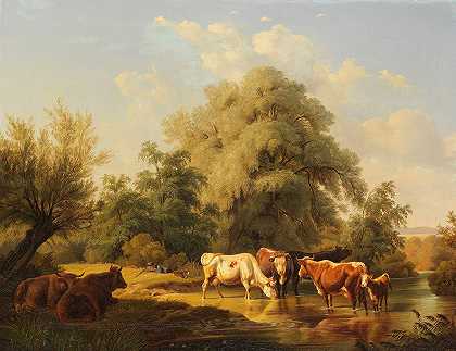 药水旁的奶牛`Kühe an der Tränke (1860) by Friedrich Voltz