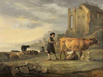 少女挤奶的风景`Landscape with Maid Milking a Cow (ca. 1655) by Aelbert Cuyp