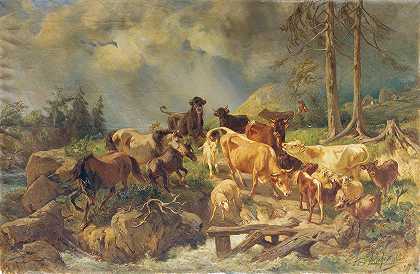 有奶牛的山地景观`Bergige Landschaft mit Kühen by Franz Xaver von Pausinger